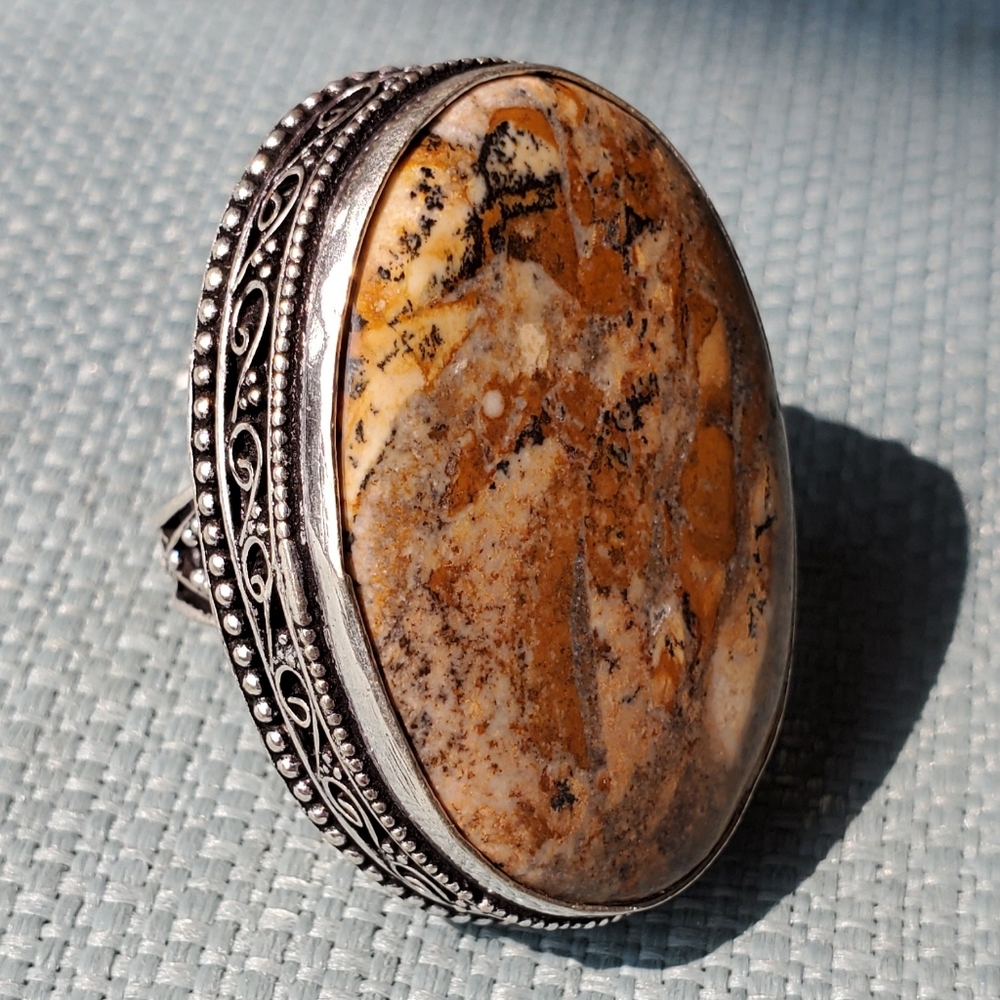 New Picture Jasper 925 Silver Statement Ring.